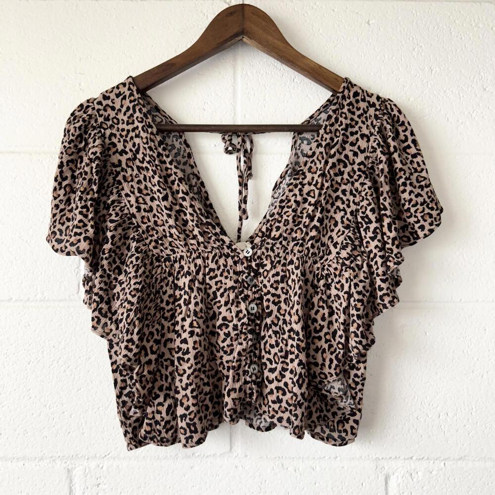 Millibon Animal Print Leopard Print Ruffle V-neck Blouse Top Women's Small